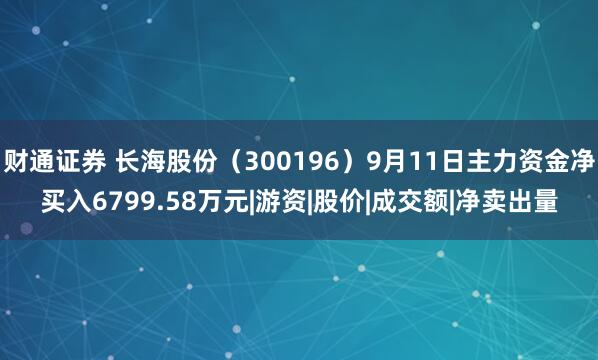 财通证券 长海股份（300196）9月11日主力资金净买入6799.58万元|游资|股价|成交额|净卖出量